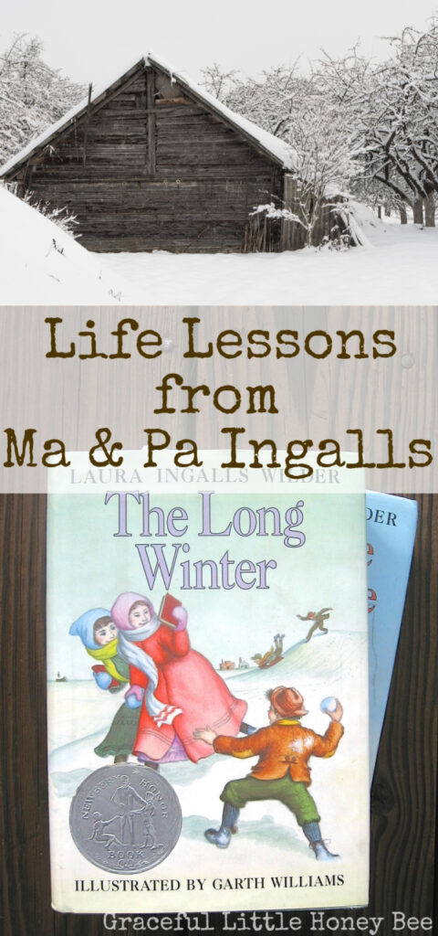 A collage of photos including an old cabin with a snowy background and a picture of the front cover of, "The Long Winter" by Laura Ingalls Wilder