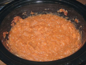 Cooked apple butter in the slow cooker before blending. 