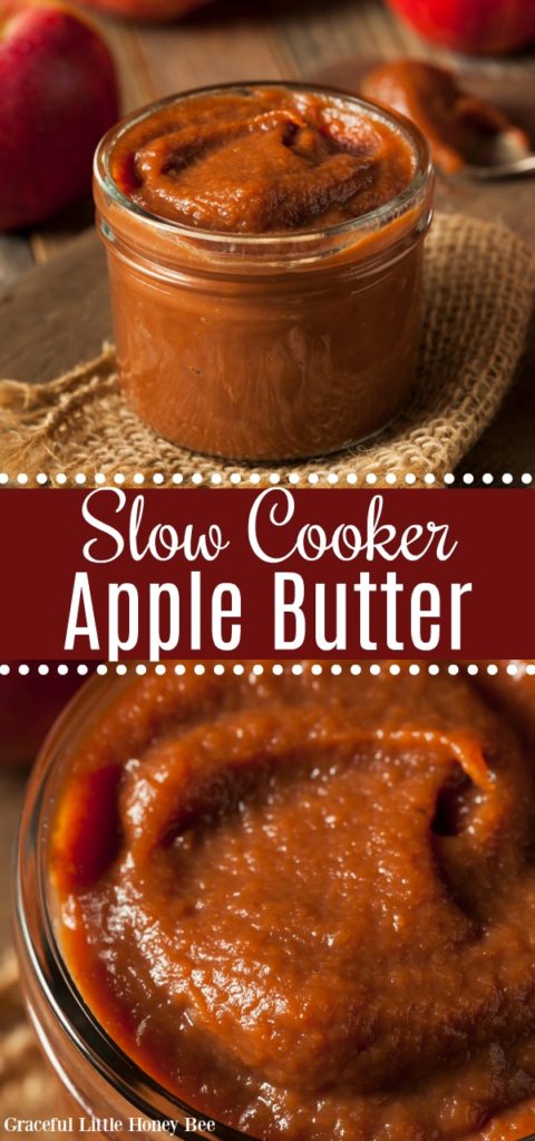 Finished apple butter in a mason jar sitting on a piece of burlap with a wood background.