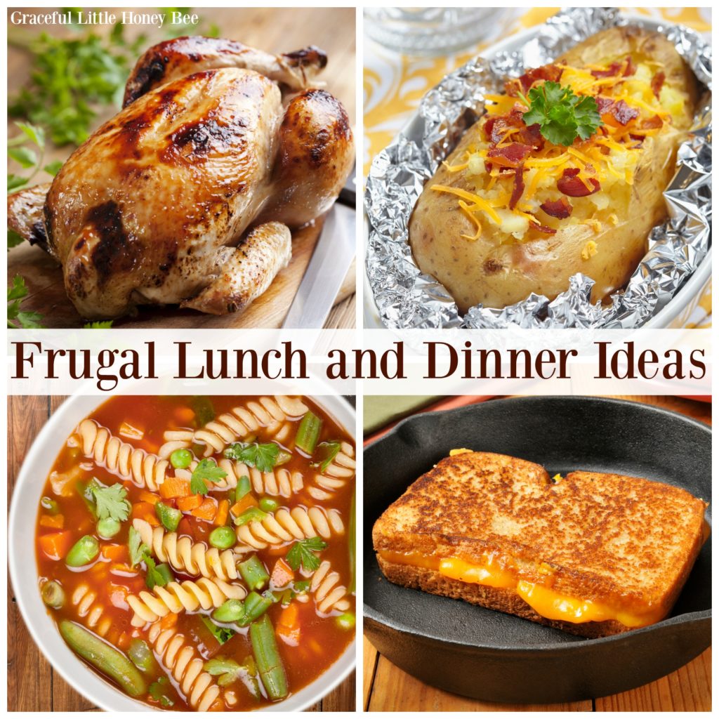 A collage of frugal lunches and dinners.