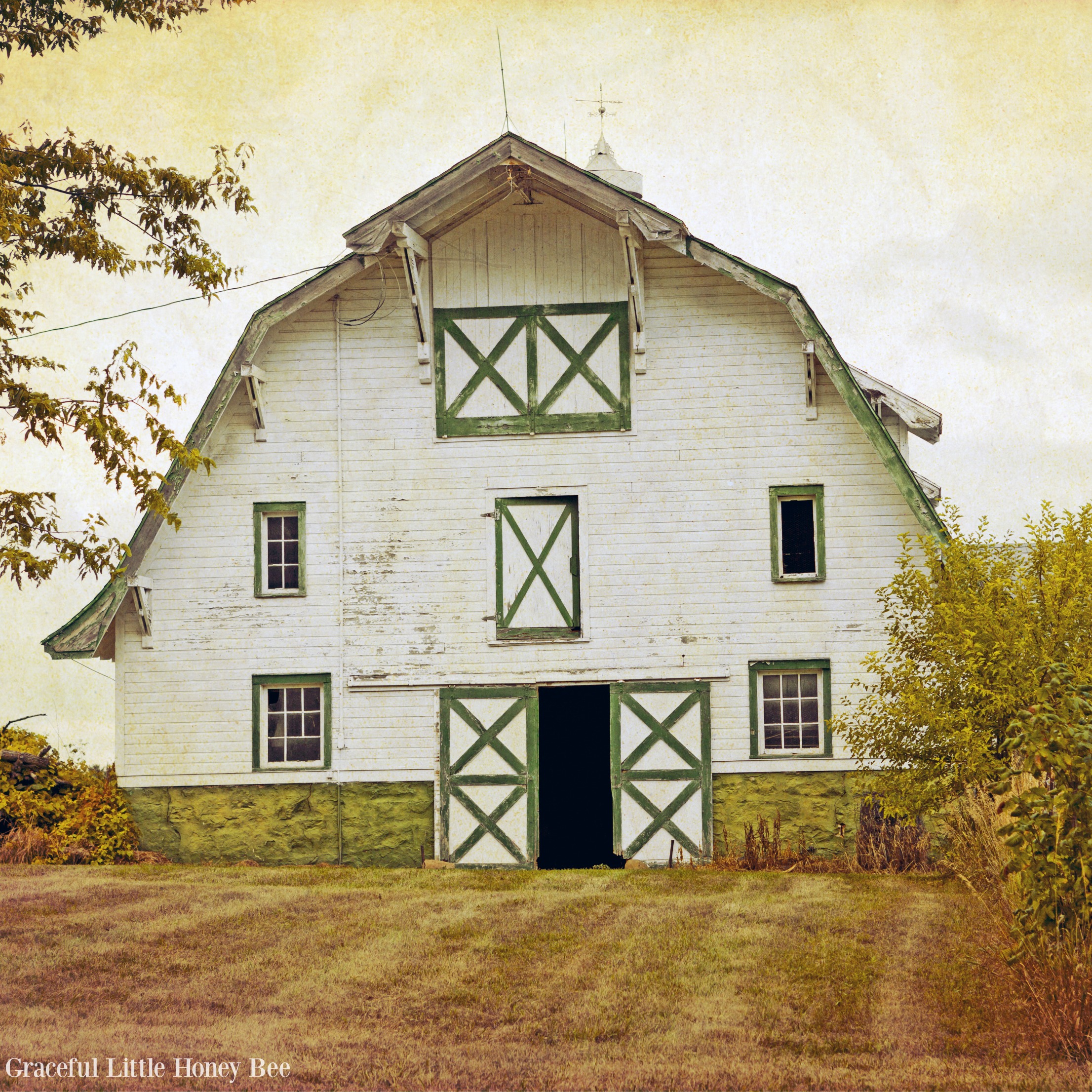 Old white barn with green trim in a field.