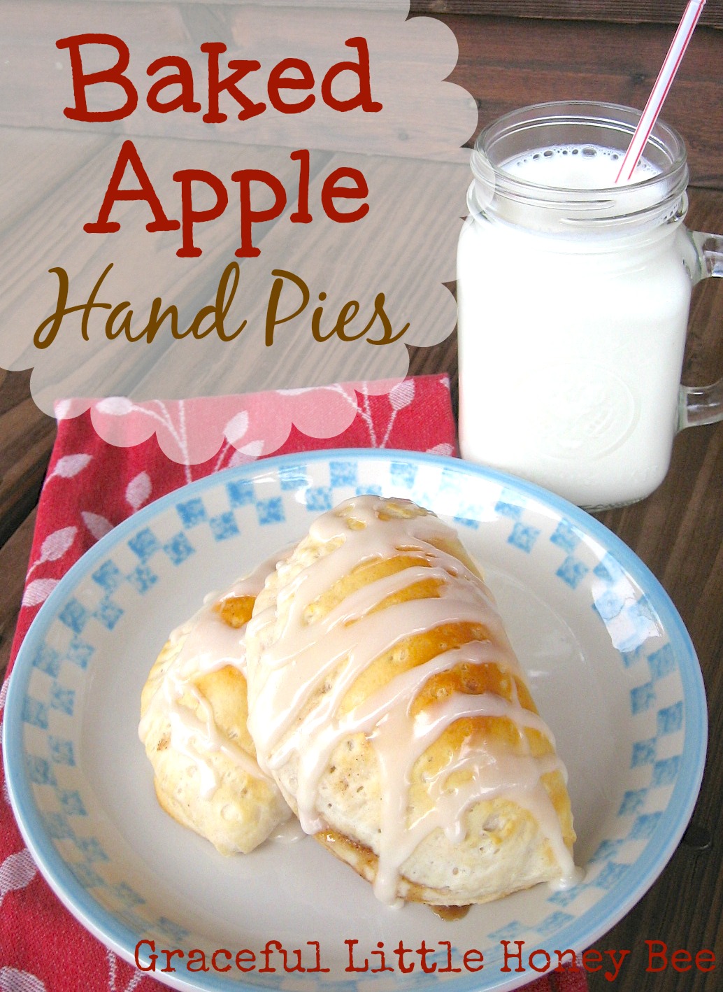 Baked Apple Hand Pies on a white plate with a glass of milk.