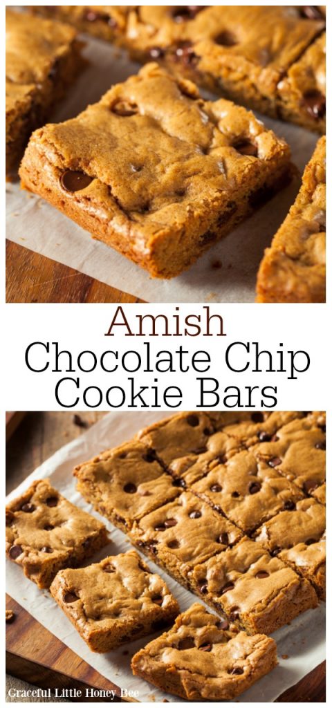 These Amish Chocolate Chip Cookie Bars are super easy to make and even easier to eat. Simply bake, slice and serve them for a fun chocolate treat! Find the recipe at gracefullittlehoneybee.com