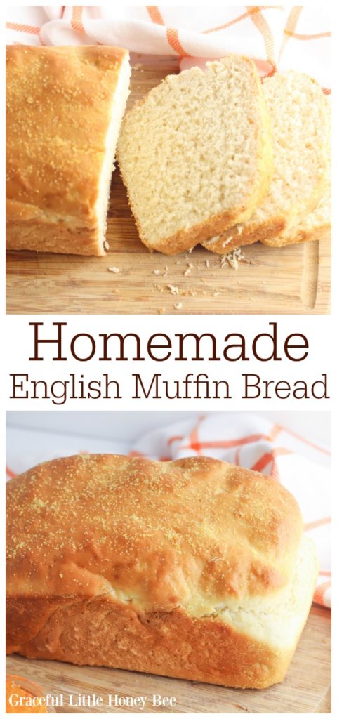 Homemade English Muffin Bread sliced on a wooden cutting board.