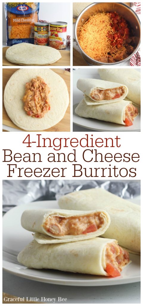 A collage of photos showing how to make bean and cheese freezer burritos.