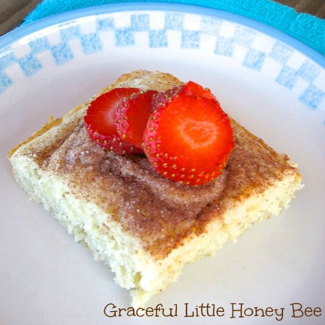 Strawberries on top of cinnamon pancake square.