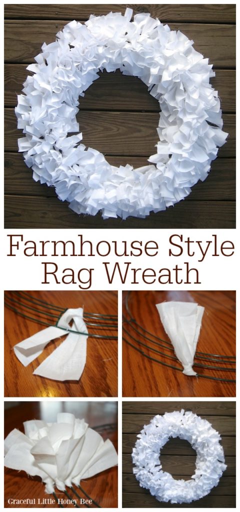 White farmhouse rag wreath on a wooden plank background.