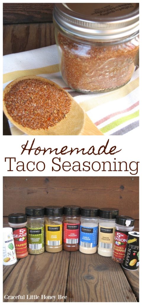 Homemade Taco Seasoning in a mason jar with a wooden spoon.