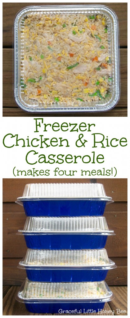 Try this easy dinner recipe for Freezer Chicken and Rice Casserole that makes four meals at once on gracefullittlehoneybee.com