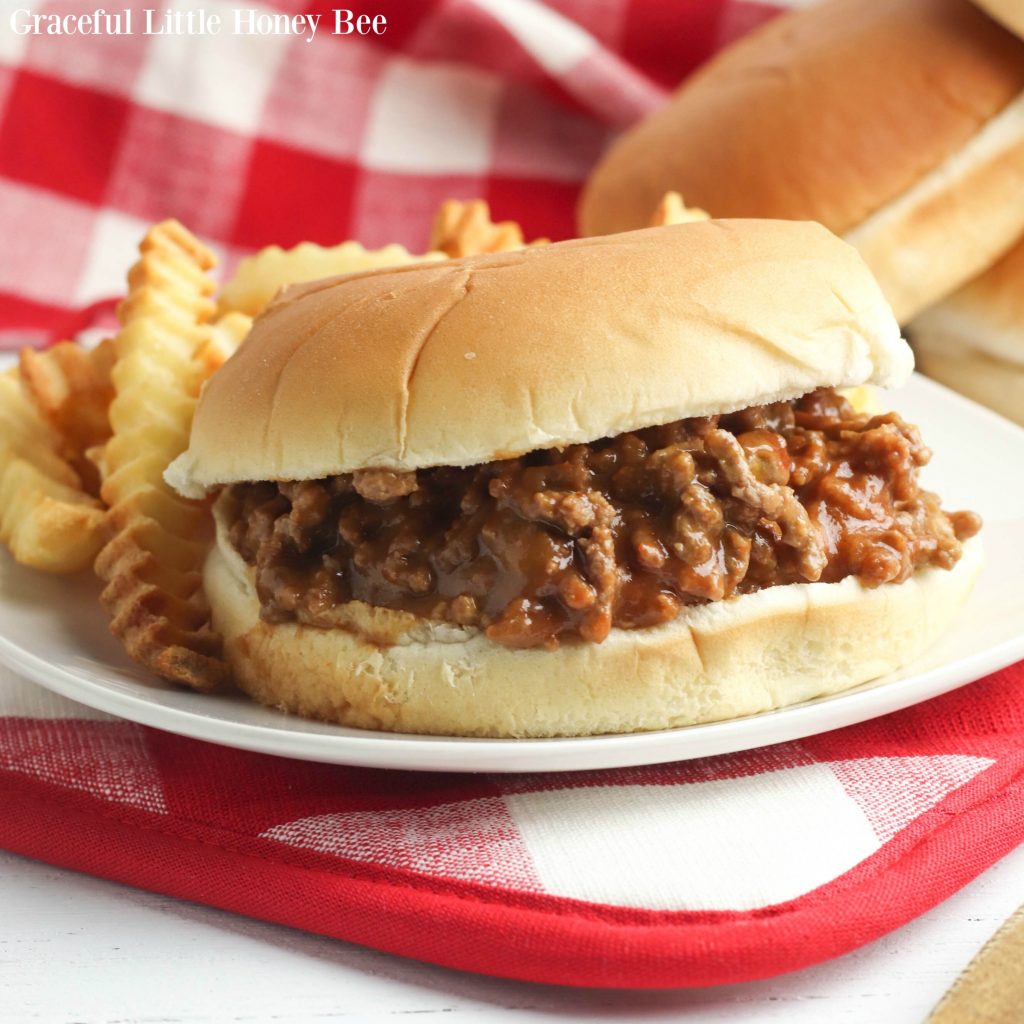 Sloppy Joes on a white plate with fries.