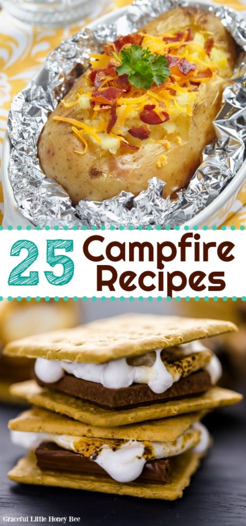 Loaded baked potato wrapped in tin foil and two s'mores stacked on top of one another.
