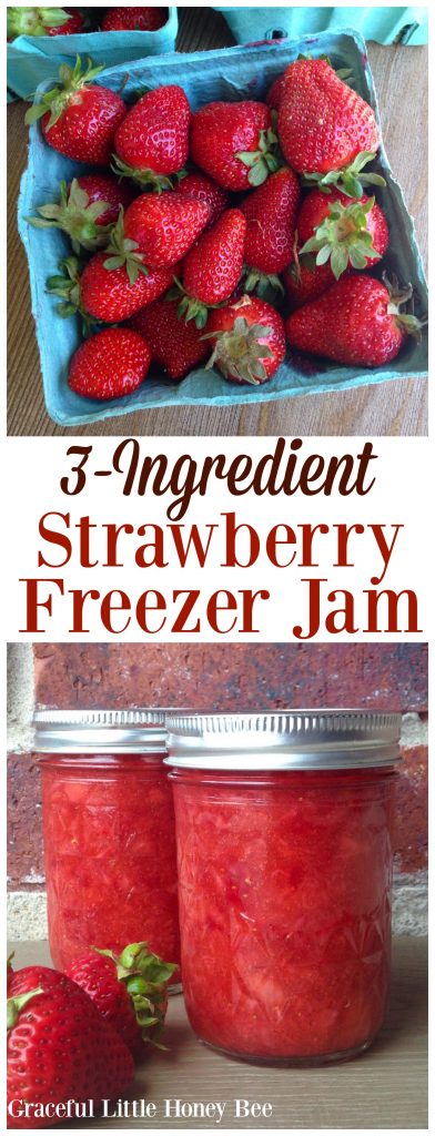 You've got to try this quick and easy 3-Ingredient Strawberry Freezer Jam. It tastes like strawberry shortcake in a jar!
