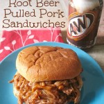 Slow Cooker Root Beer Pulled Pork Sandwiches on blue plate.