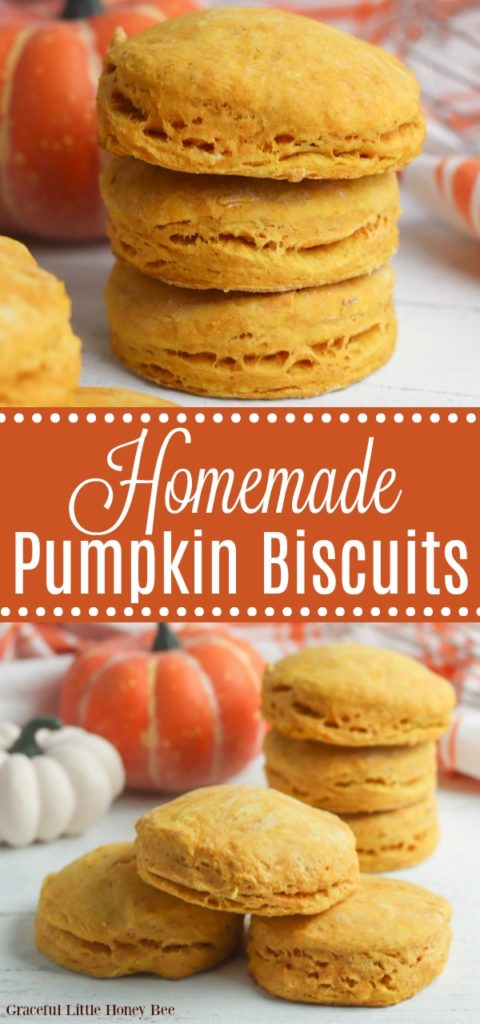 Pumpkin biscuits stacked on top of one another on a white surface with a pumpkin in the background.