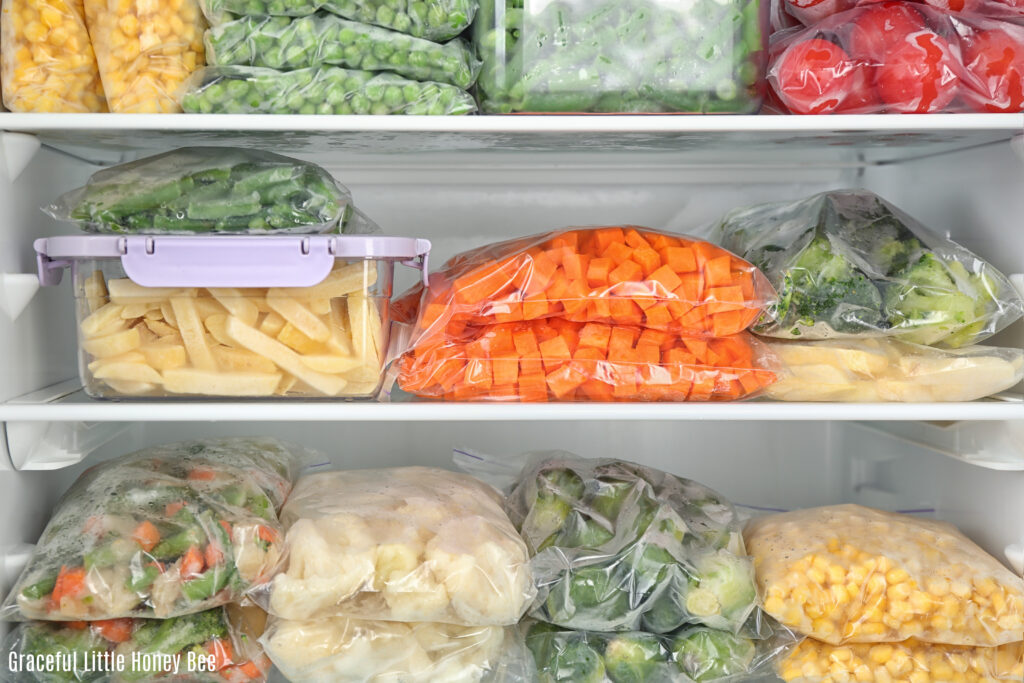 Stacks of produce in the freezer.