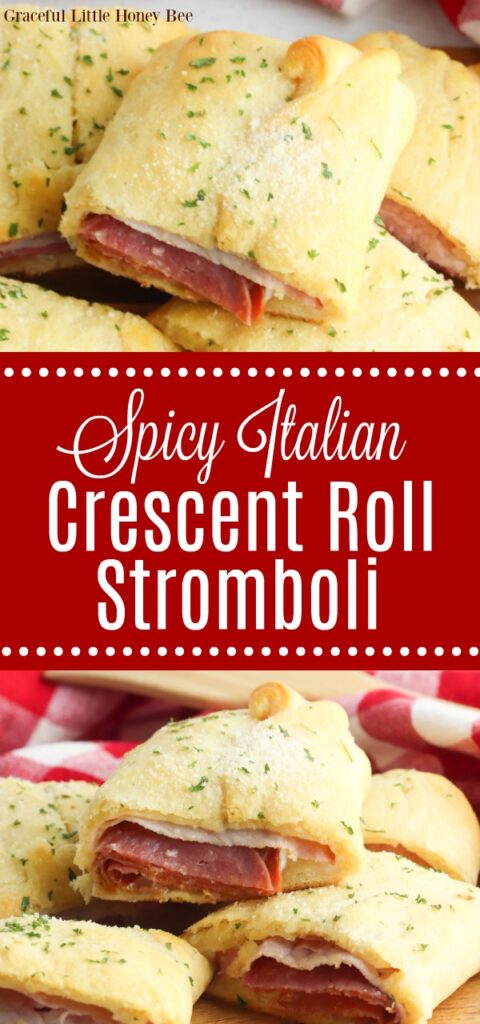 A collage of Spicy Italian Crescent Roll Stromboli sliced and sitting on top of one another.