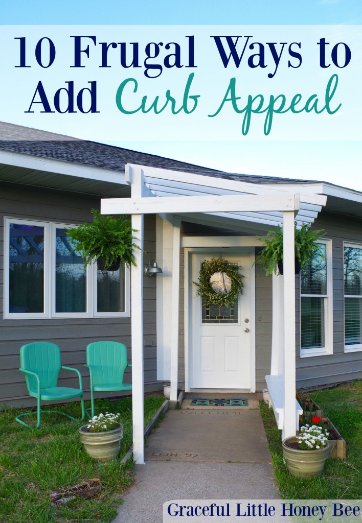 Learn 10 Frugal Ways to Add Curb Appeal including repurposing old items and repainting your door!