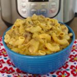 Hamburger Cheese Pasta in a blue bowl