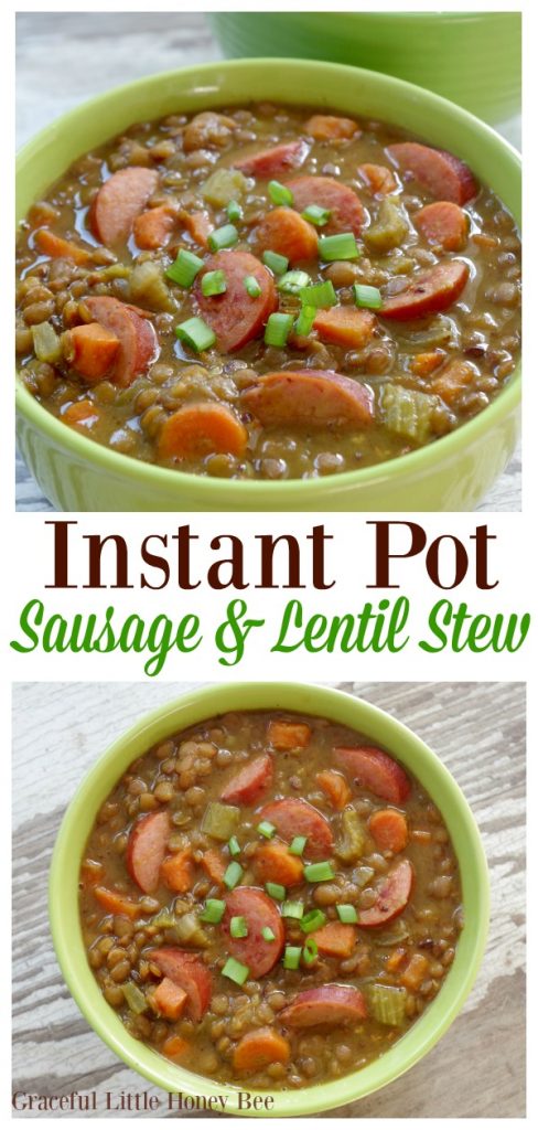 Try this hearty and delicious Instant Pot Sausage and Lentil Stew for a healthy weeknight dinner on gracefullittlehoneybee.com