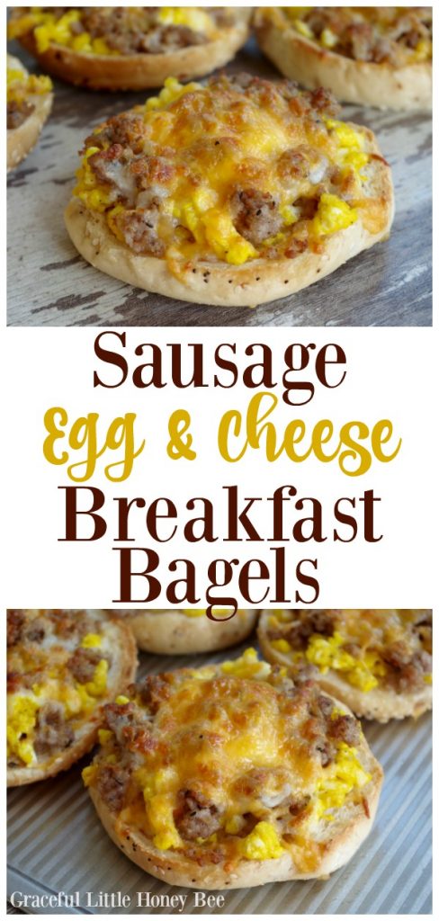 Try these super quick and simple Sausage, Egg & Cheese Breakfast Bagels for a quick and delicious breakfast on gracefullittlehoneybee.com