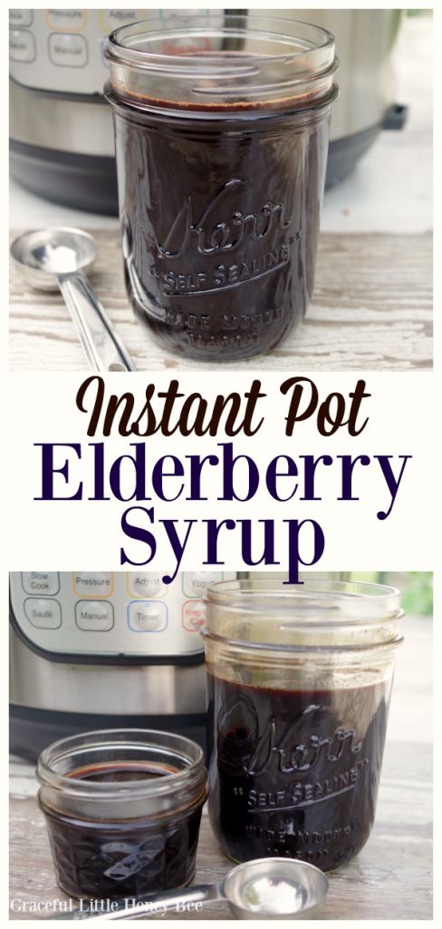 Elderberry Syrup in a mason jar with an Instant Pot in the background.