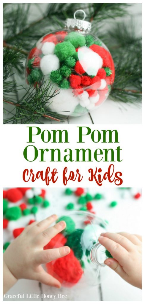 Try this super simple Pom Pom Ornament Craft for kids, toddlers and adults alike! Find the tutorial on gracefullittlehoneybee.com #diy #christmas #christmascrafts #christmasornament #craftsforkids