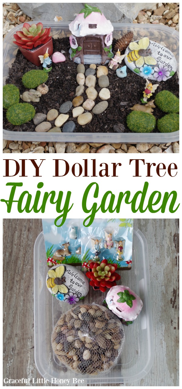 Learn how to make this easy DIY Dollar Tree Fairy Garden on gracefullittlehoneybee.com