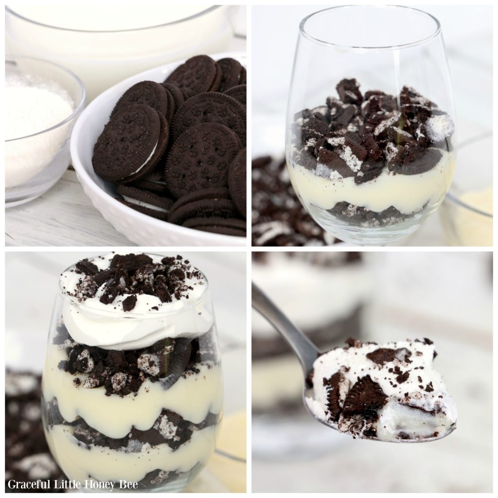Try these super simple Cookies and Cream Mini Trifles for a fun and quick weeknight dessert on gracefullittlehoneybee.com