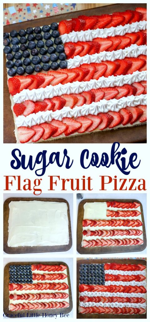 Make this super easy Sugar Cookie Flag Fruit Pizza for a fun 4th of July Dessert on gracefullittlehoneybee.com