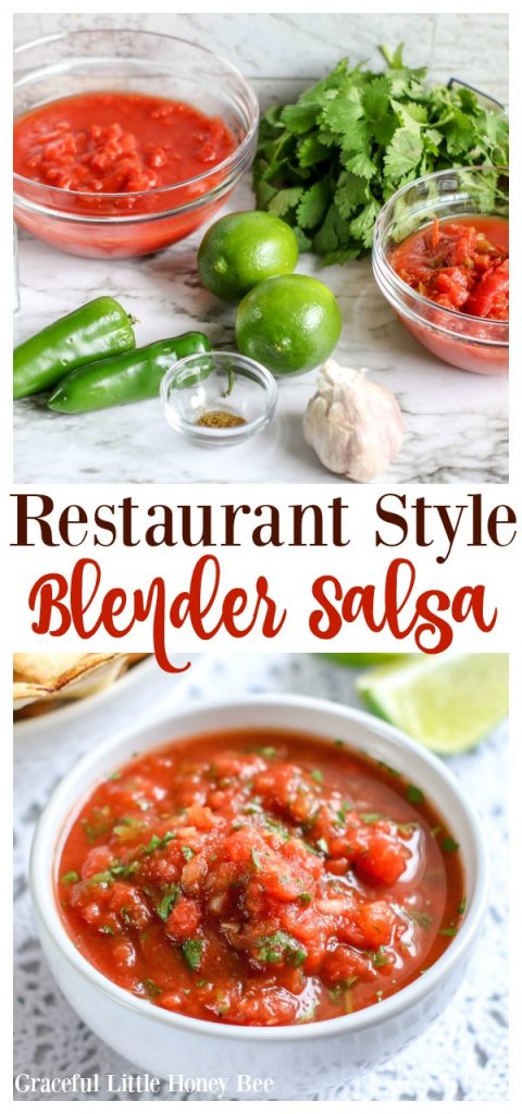 This Blender Salsa made restaurant style is incredibley fresh tasting and comes together in only 5-minutes! Visit gracefullittlehoneybee.com for the recipe. 