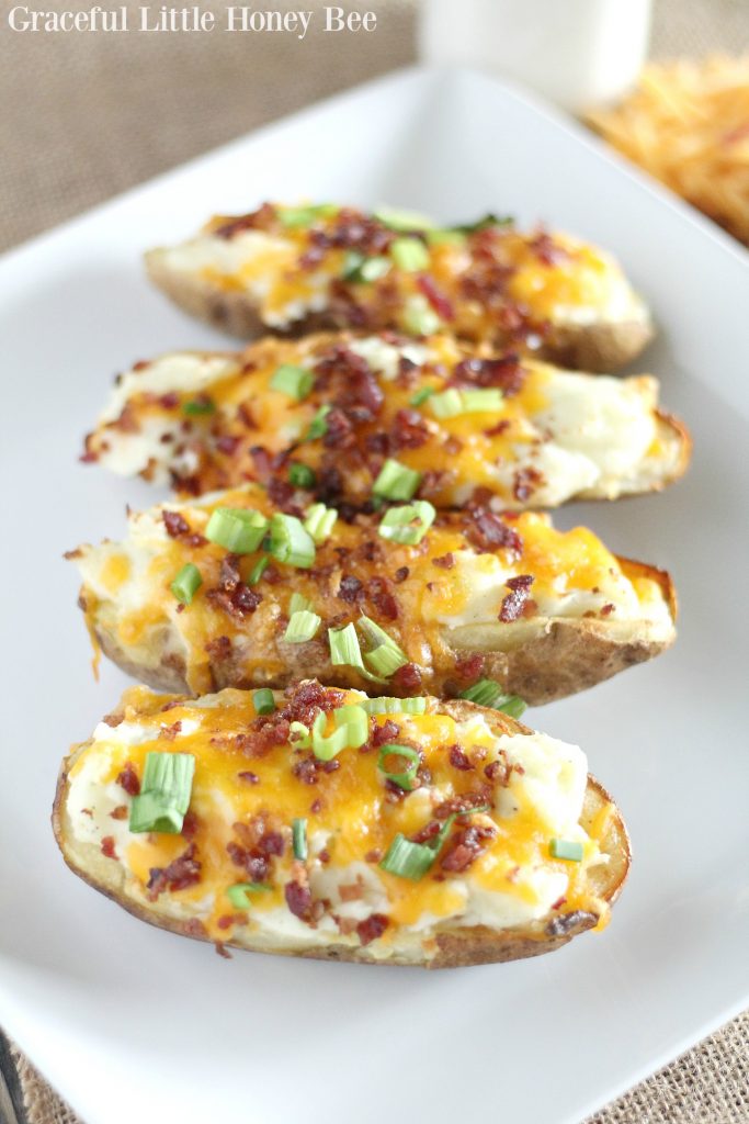 These Cheesy Bacon Ranch Twice Baked Potatoes are a dish that the whole family is sure to love and they also make a filling weeknight meal! FInd the recipe at gracefullittlehoneybee.com
