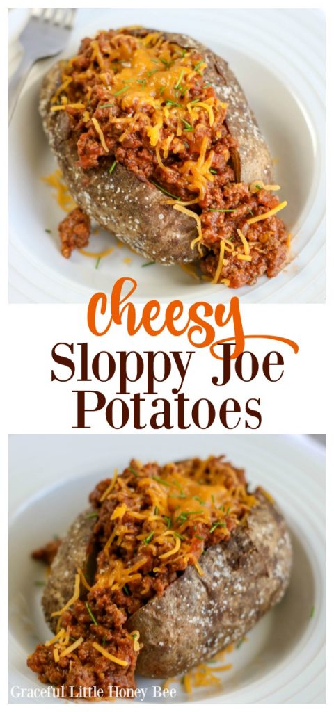 Try this super easy and kid-friendly recipe for Cheesy Sloppy Joe Baked Potatoes that makes a quick weeknight meal!