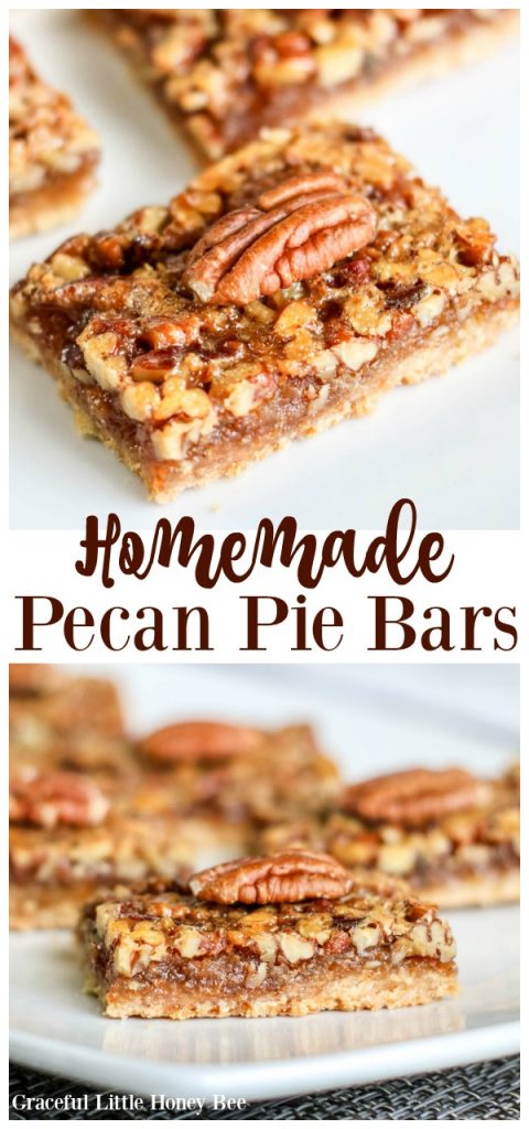 Try these super delicous Homemade Pecan Pie Bars made with an easy shortbread crust and a quick pecan pie topping for a fun fall dessert on gracefullittlehoneybee.com