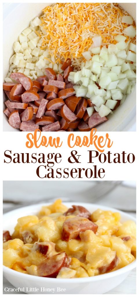 This Slow Cooker Sausage and Potato Casserole is a comfort dish that can be served for breakfast, lunch or dinner! Find the recipe at gracefullittlehoneybee.com