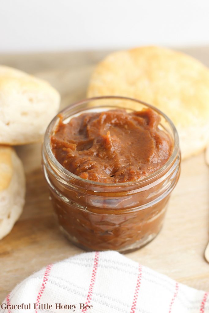 This Slow Cooker Pumpkin Butter is really quick to put together and goes great on a homemade biscuit! Find the recipe on gracefullittlehoneybee.com