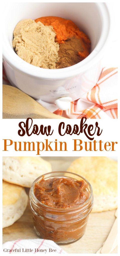 This Slow Cooker Pumpkin Butter is really quick to put together and goes great on a homemade biscuit! Find the recipe on gracefullittlehoneybee.com