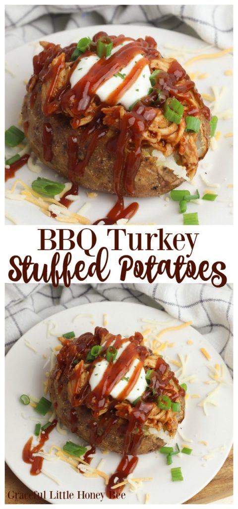 Use up some of that leftover Thanksgiving turkey in these delicous BBQ Turkey Stuffed Potatoes! Find the recipe on gracefullittlehoneybee.com