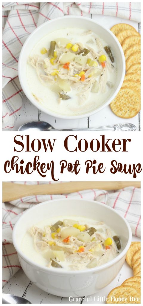 This Slow Cooker Chicken Pot Pie Soup has all of the comforting flavors of the traditional dish that you love without the work! Find the recipe at gracefullittlehoneybee.com