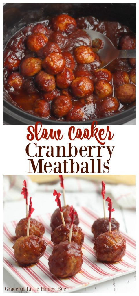 These Slow Cooker Cranberry Meatballs are easy to make and are great for serving at your next Christmas party or holiday event! Find the recipe at gracefullittlehoneybee.com