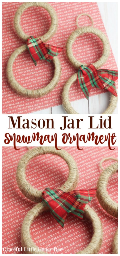 All you need is twine, mason jar lids, ribbon and hot glue to make this simple Mason Jar Lid Snowman Ornament!