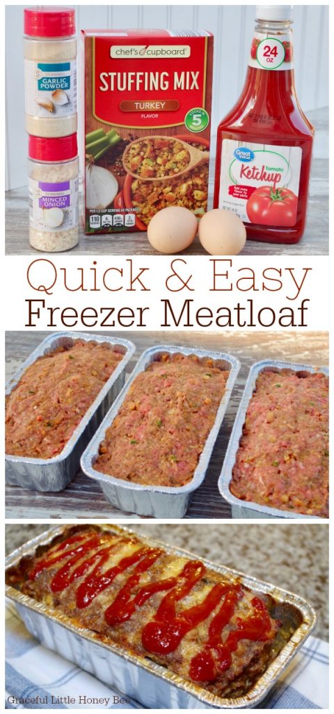 Stock your freezer with this quick and easy freezer meatloaf! It makes a simple freezer meal for busy weeknights. Find the recipe on gracefullittlehoneybee.com