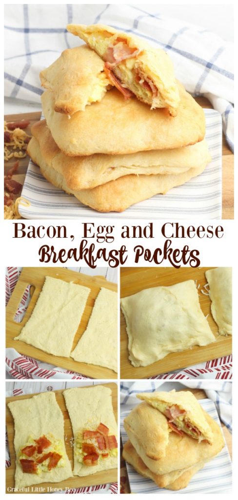 Bacon, Egg and Cheese Breakfast Pockets stacked on a plate.