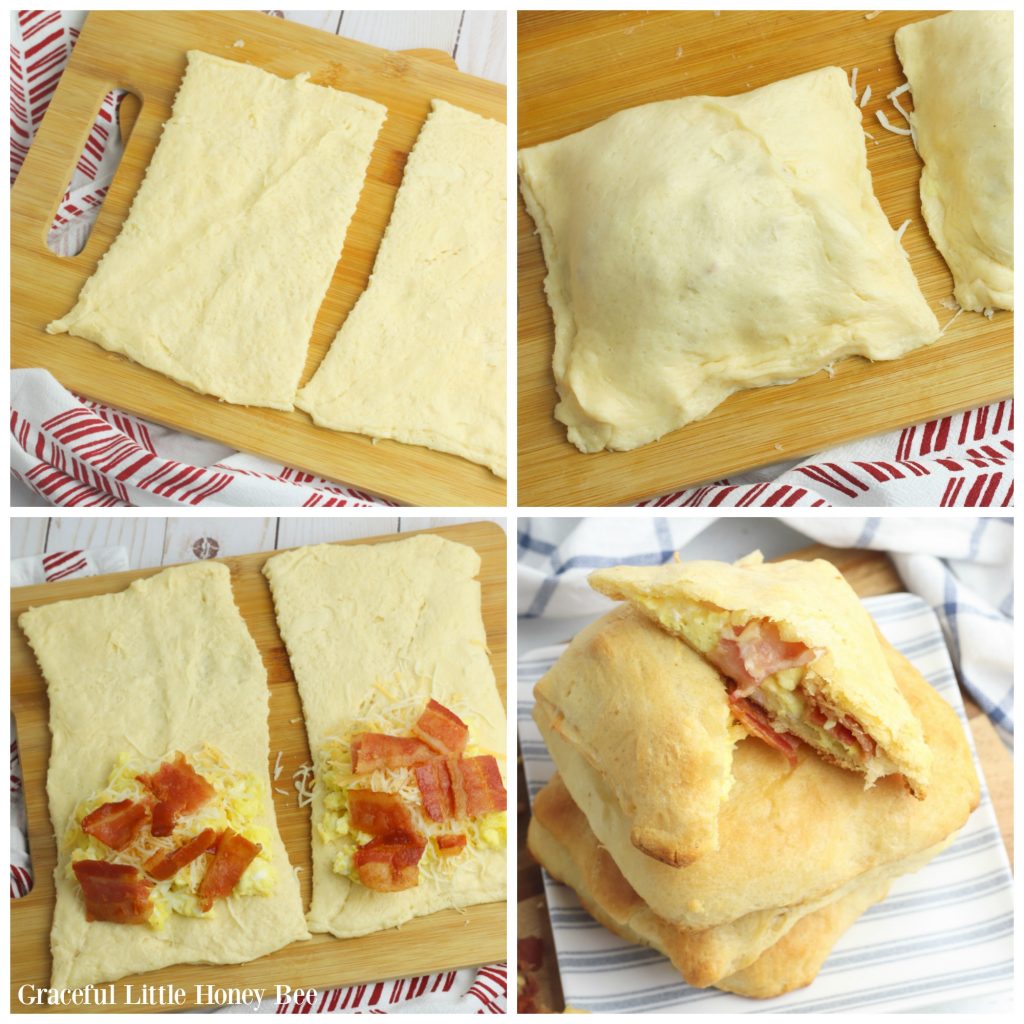 Step by step photos of crescent roll dough being filled with bacon, egg and cheese.
