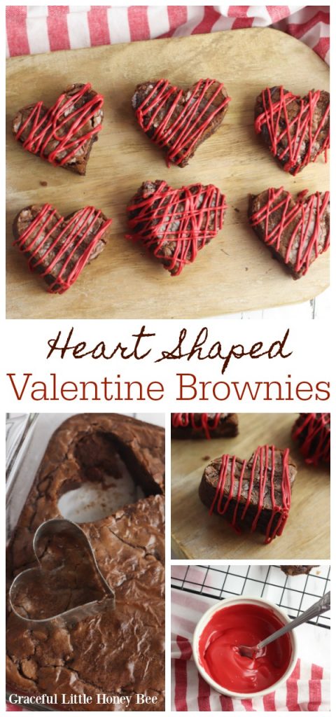 Heart shaped valentine brownies with red icing drizzled on the top.