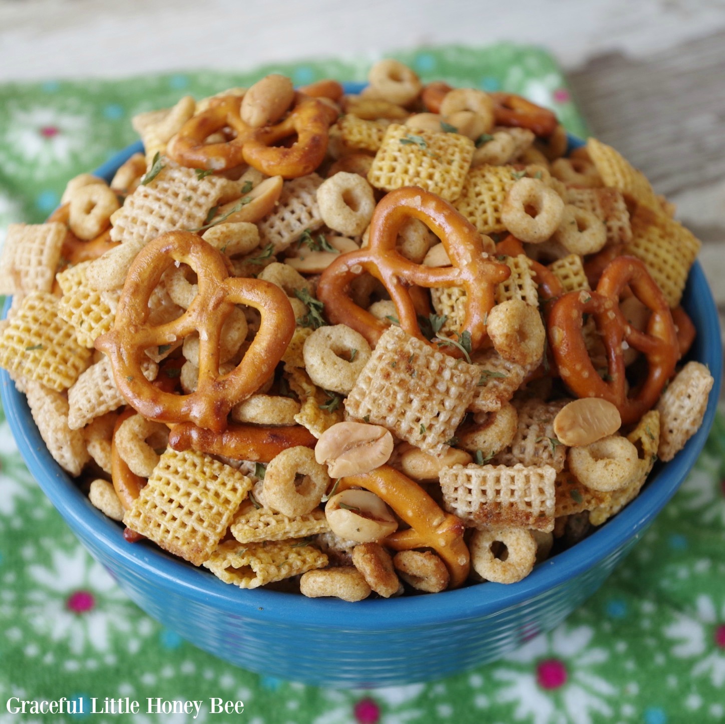 Ranch Party Mix in a blue bowl.