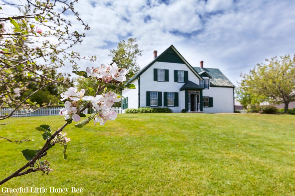 White house with green gables sitting on a hill.