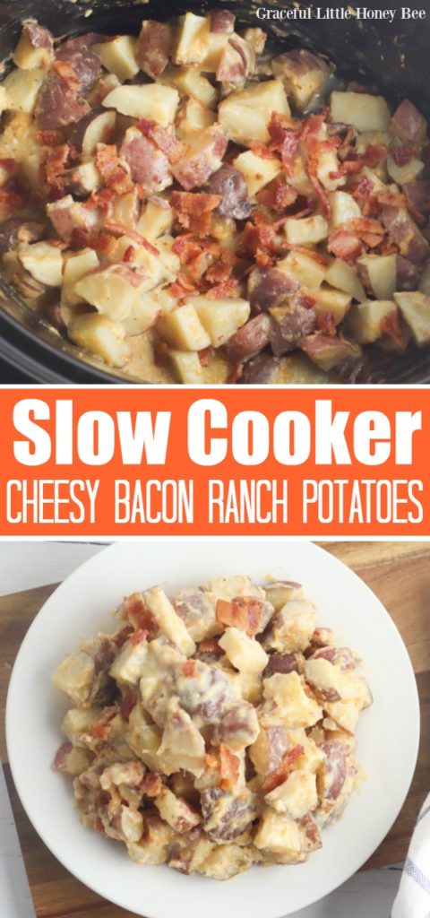 Cheesy Bacon Ranch Potatoes in a slow cooker and on a white plate.