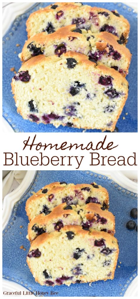 Slices of homemade blueberry bread on a blue plate.