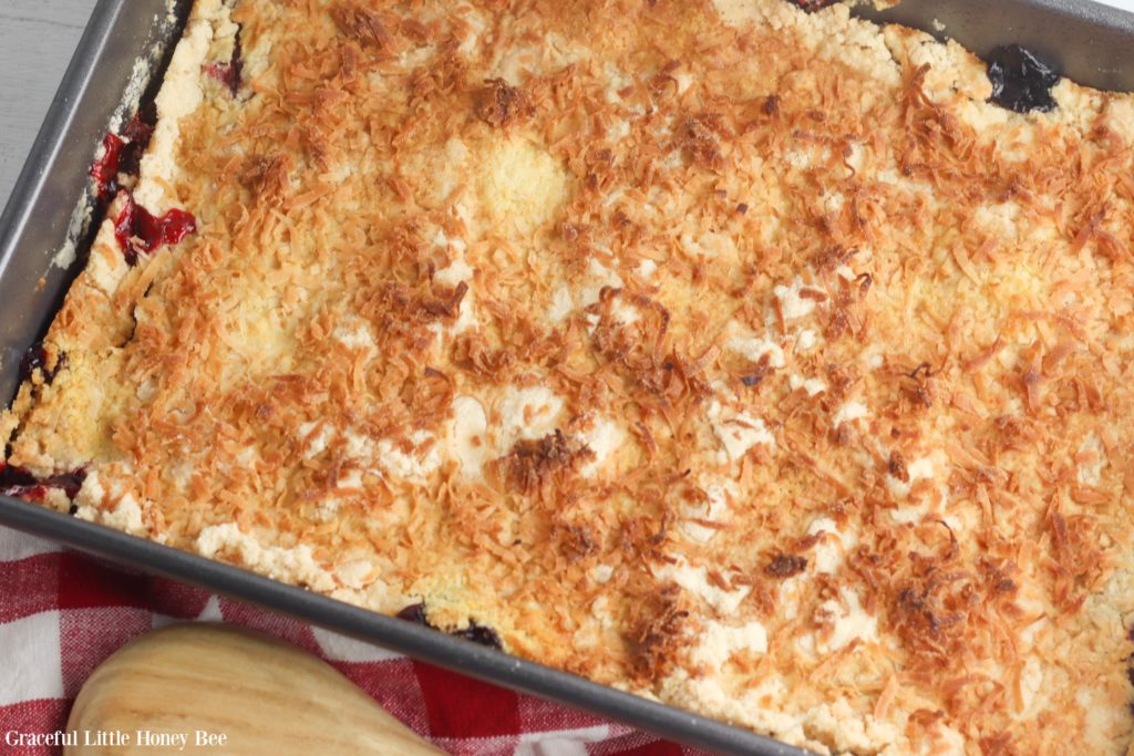 Finished Dump Cake in a baking dish.