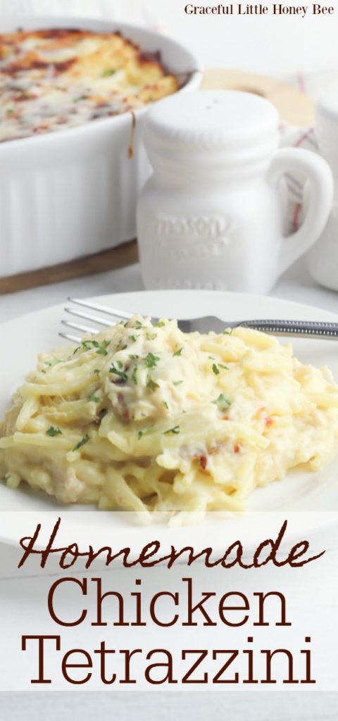 Finished Chicken Tetrazzini on a white plate.